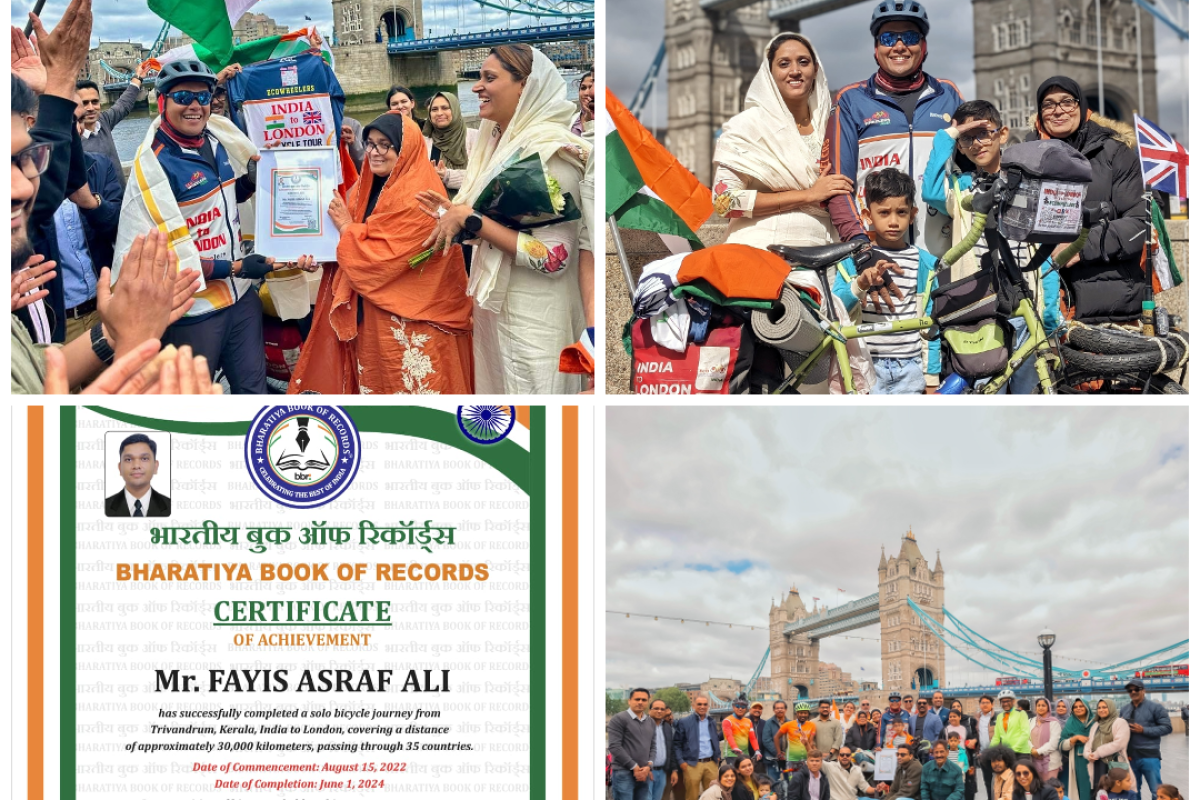 Mr. Fayis Asraf Ali  has been honoured by Bharatiya Book of Records on his successful arrival to London UK on 01st June 2024.